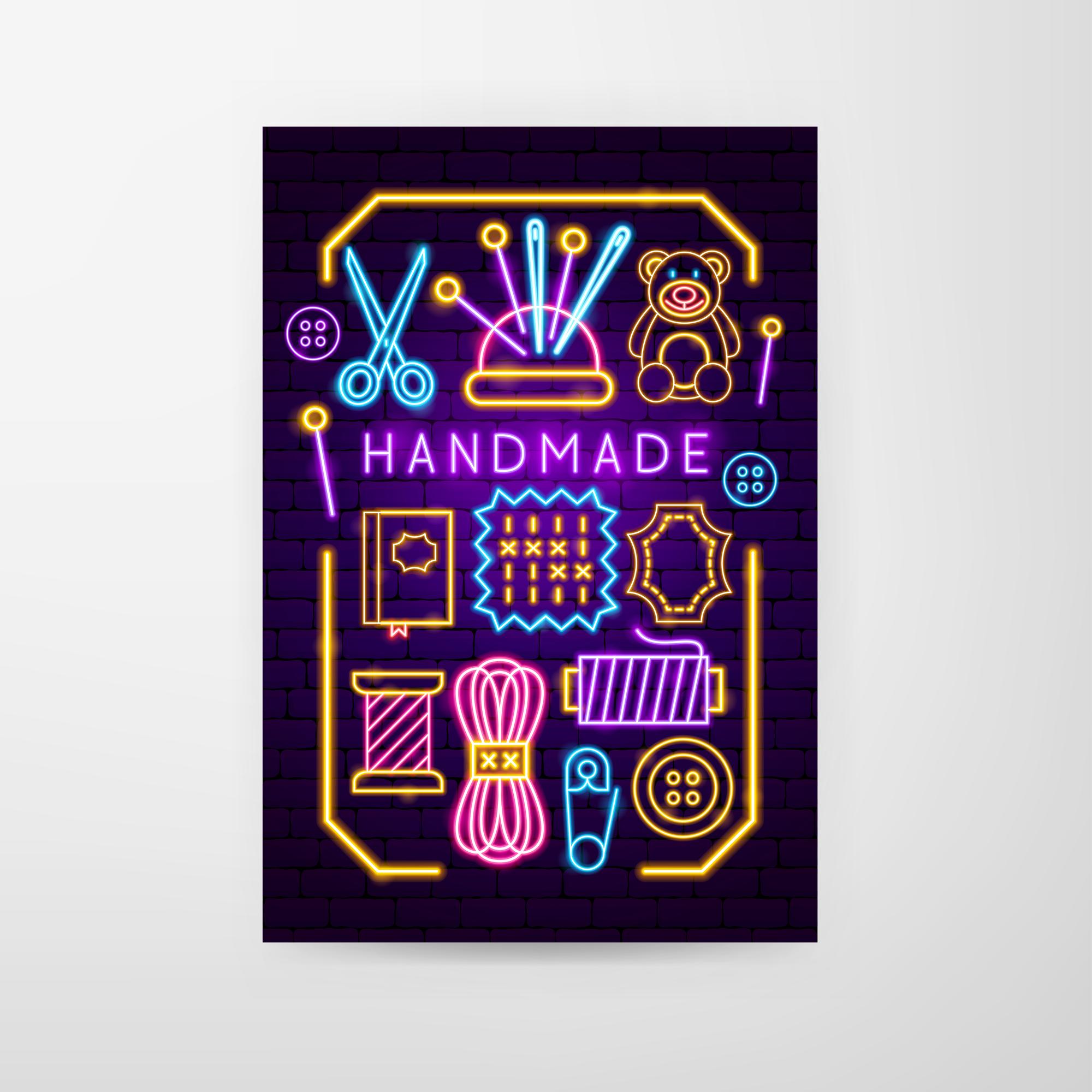 atelier entrance with neon sign and embroidery samples