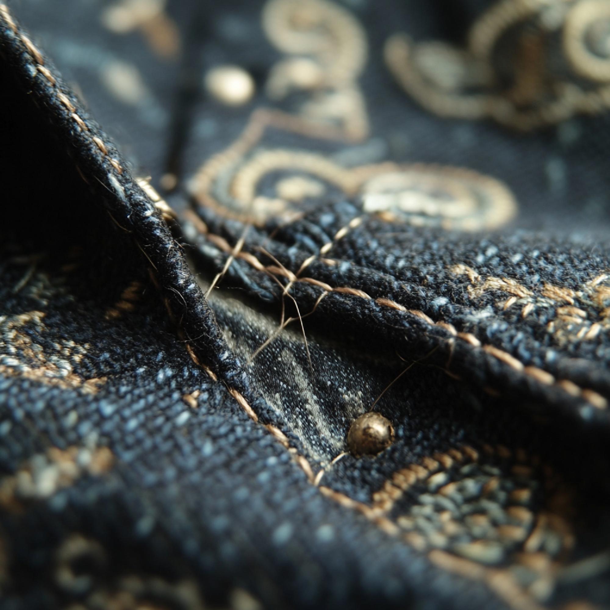detailed metallic thread embroidery on dark fabric